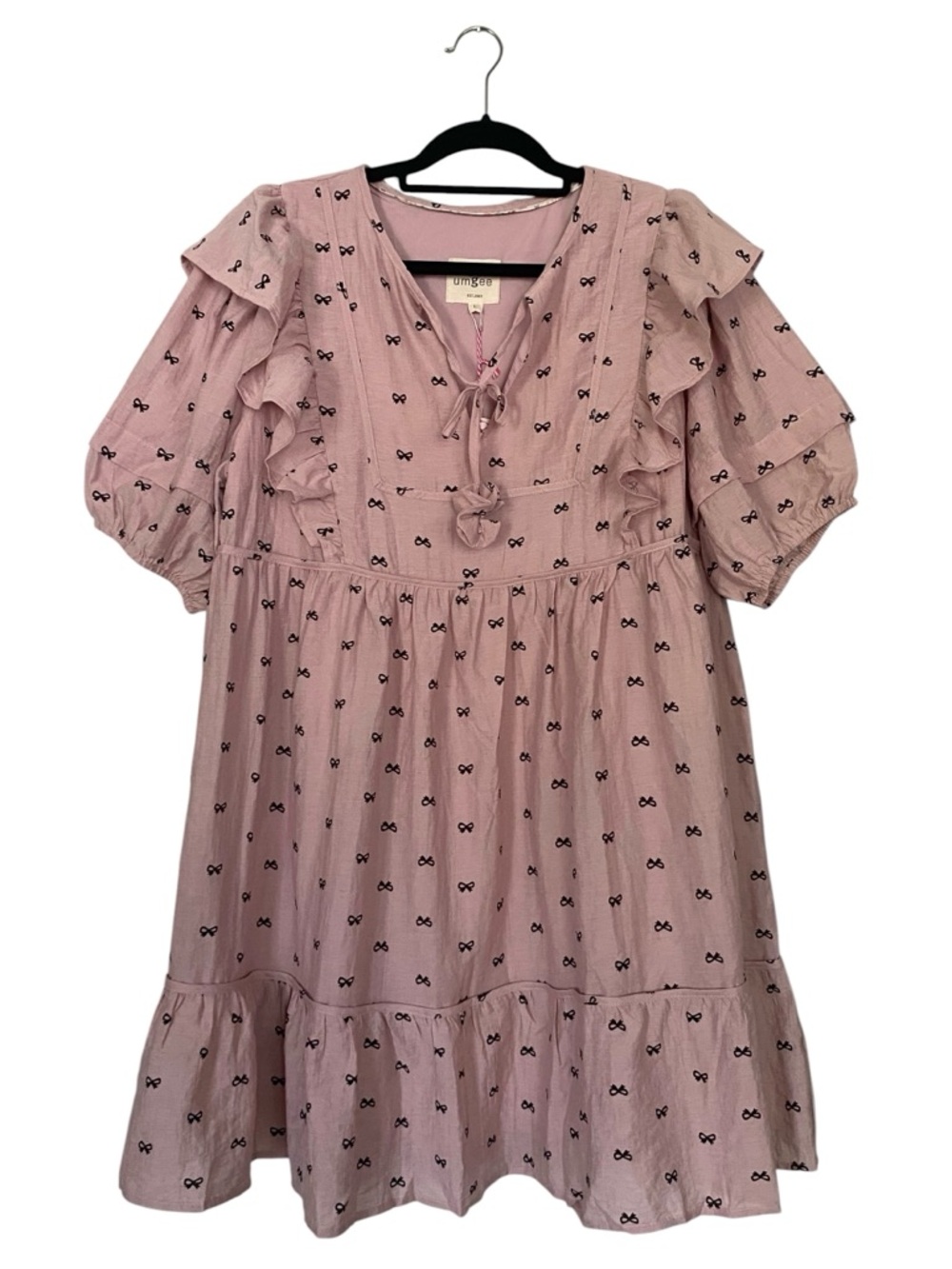 Umgee Pink Ruffle Bow Mini Dress Linen Blend Womens Size Large NWT Cottagecore